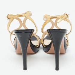 Pre Owned Prada Black/Gold Leather Strappy Platform Sandals Size 37