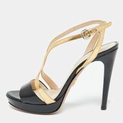 Prada Black/Gold Leather Strappy Platform Sandals Size 37