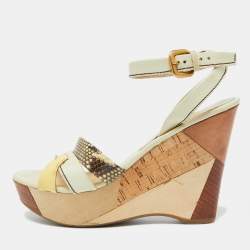 Prada Cream Leather and Snakeskin Leather Platform Wedge Sandals Size 39
