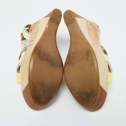 Prada Cream Leather and Snakeskin Leather Platform Wedge Sandals Size 39