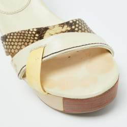 Prada Cream Leather and Snakeskin Leather Platform Wedge Sandals Size 39