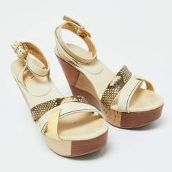 Prada Cream Leather and Snakeskin Leather Platform Wedge Sandals Size 39