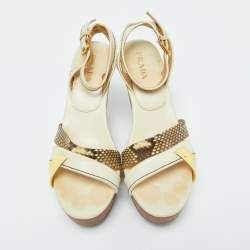 Prada Cream Leather and Snakeskin Leather Platform Wedge Sandals Size 39