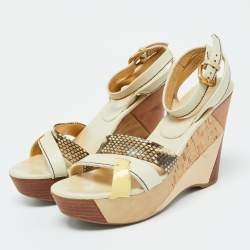 Prada Cream Leather and Snakeskin Leather Platform Wedge Sandals Size 39