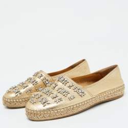Pre Owned Prada Gold Leather Crystal Embellished Espadrille Flats Size 39.5