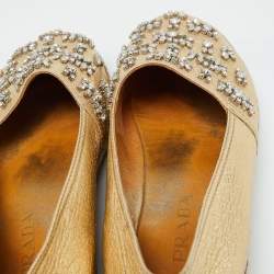 Pre Owned Prada Gold Leather Crystal Embellished Espadrille Flats Size 39.5