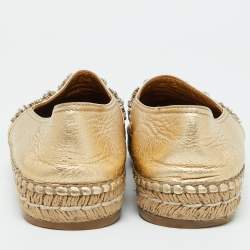 Pre Owned Prada Gold Leather Crystal Embellished Espadrille Flats Size 39.5