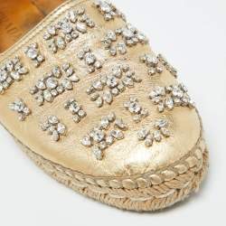 Pre Owned Prada Gold Leather Crystal Embellished Espadrille Flats Size 39.5