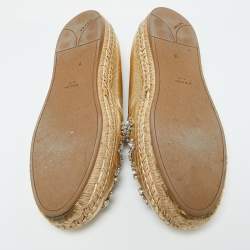 Pre Owned Prada Gold Leather Crystal Embellished Espadrille Flats Size 39.5