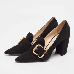 Prada Black Suede Buckle Detail Block Heel Pumps Size 38