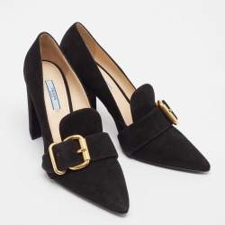 Prada Black Suede Buckle Detail Block Heel Pumps Size 38