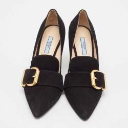 Prada Black Suede Buckle Detail Block Heel Pumps Size 38