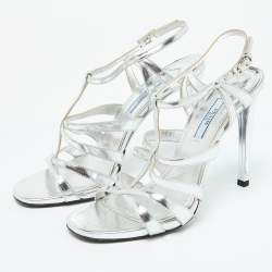 Pre Owned Prada Silver Leather Ankle Strap Sandals Size 39
