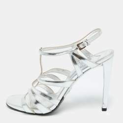 Pre Owned Prada Silver Leather Ankle Strap Sandals Size 39