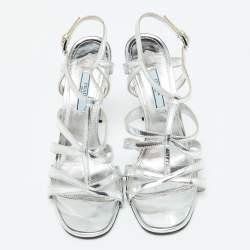 Pre Owned Prada Silver Leather Ankle Strap Sandals Size 39