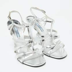 Pre Owned Prada Silver Leather Ankle Strap Sandals Size 39