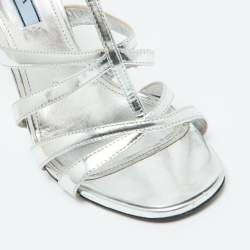 Pre Owned Prada Silver Leather Ankle Strap Sandals Size 39