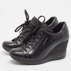 Prada Black Leather High Top Wedge Sneakers Size 39