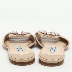 Prada Beige Saffiano Patent Leather Embellished Flat Slides Size 36