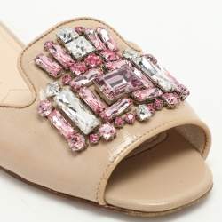 Prada Beige Saffiano Patent Leather Embellished Flat Slides Size 36