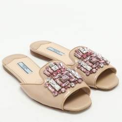Prada Beige Saffiano Patent Leather Embellished Flat Slides Size 36