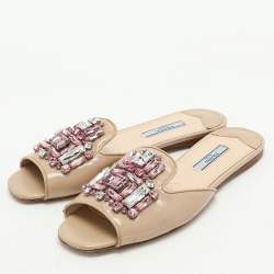 Prada Beige Saffiano Patent Leather Embellished Flat Slides Size 36