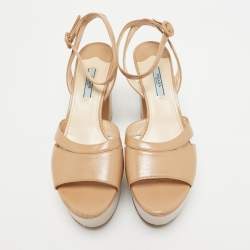 Prada Beige Patent Leather Ankle Strap Sandals Size 39