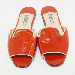 Prada Orange Patent Leather Flat Slides Size 36