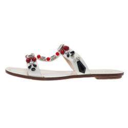 Pre Owned Prada White Patent Saffiano Leather Jeweled Flat Sandals Size 39.5