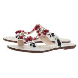 Pre Owned Prada White Patent Saffiano Leather Jeweled Flat Sandals Size 39.5