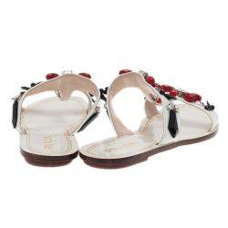 Pre Owned Prada White Patent Saffiano Leather Jeweled Flat Sandals Size 39.5