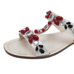 Pre Owned Prada White Patent Saffiano Leather Jeweled Flat Sandals Size 39.5