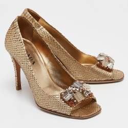 Prada Gold Snakeskin Leather Peep Toe Pumps Size 37