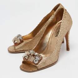 Prada Gold Snakeskin Leather Peep Toe Pumps Size 37