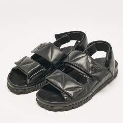 Prada Black Leather  Logo Plaque Slingback Sandals Size 37
