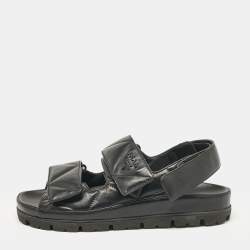 Prada Black Leather  Logo Plaque Slingback Sandals Size 37
