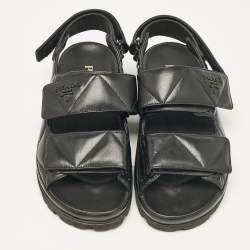 Prada Black Leather  Logo Plaque Slingback Sandals Size 37