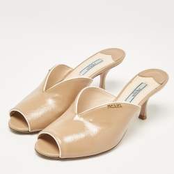 Prada Beige Patent Leather Slide Sandals Size 39.5