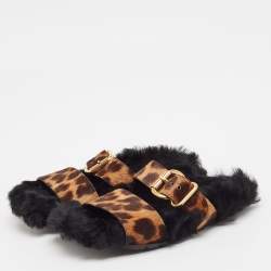 Prada Brown Calf Hair and Fur Buckle Flat Slides Size  38