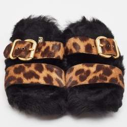Prada Brown Calf Hair and Fur Buckle Flat Slides Size  38