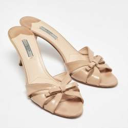Prada Beige Saffiano Leather Bow Slide Sandals Size 40.5