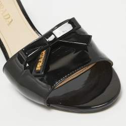 Pre Owned Prada Black Patent Leather Suede Bow Slide Sandals Size 37.5