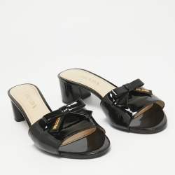 Pre Owned Prada Black Patent Leather Suede Bow Slide Sandals Size 37.5