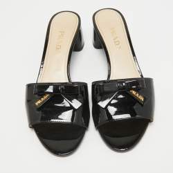 Pre Owned Prada Black Patent Leather Suede Bow Slide Sandals Size 37.5