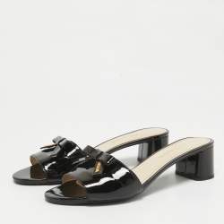 Pre Owned Prada Black Patent Leather Suede Bow Slide Sandals Size 37.5