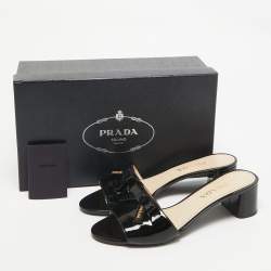 Pre Owned Prada Black Patent Leather Suede Bow Slide Sandals Size 37.5