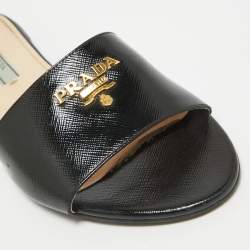 Prada Black Vernice Saffiano Leather Flat Slides Size 38