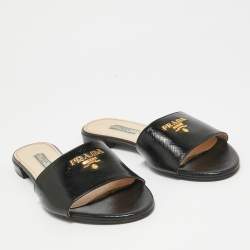 Prada Black Vernice Saffiano Leather Flat Slides Size 38