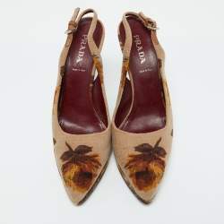 Prada Beige Velvet Floral Slingback Pumps Size 40.5