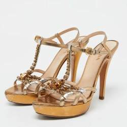 Prada Gold Leather Crystal Embellished Platform Sandals Size 41